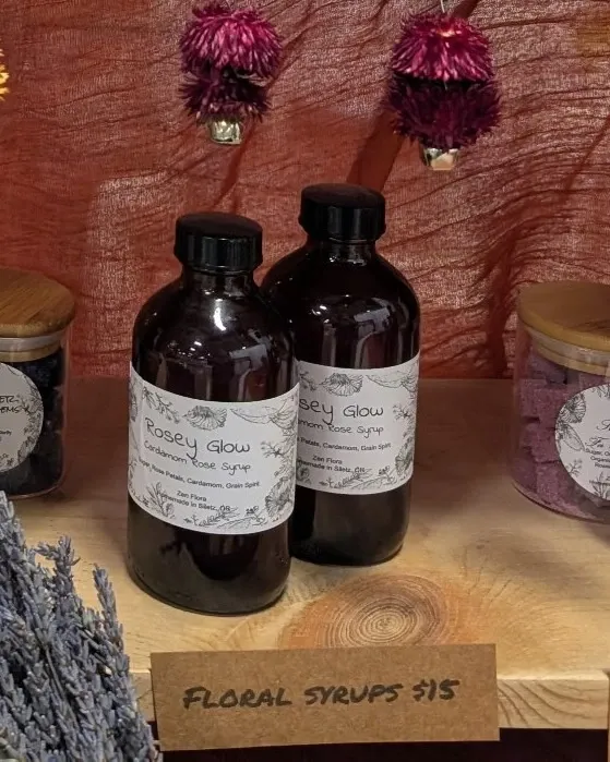 Floral syrups in glass bottles